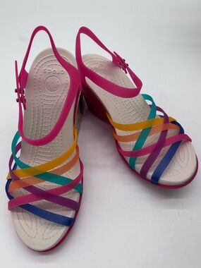 CROCS Huarache Pink Multi-Color Strappy Wedge Sandals